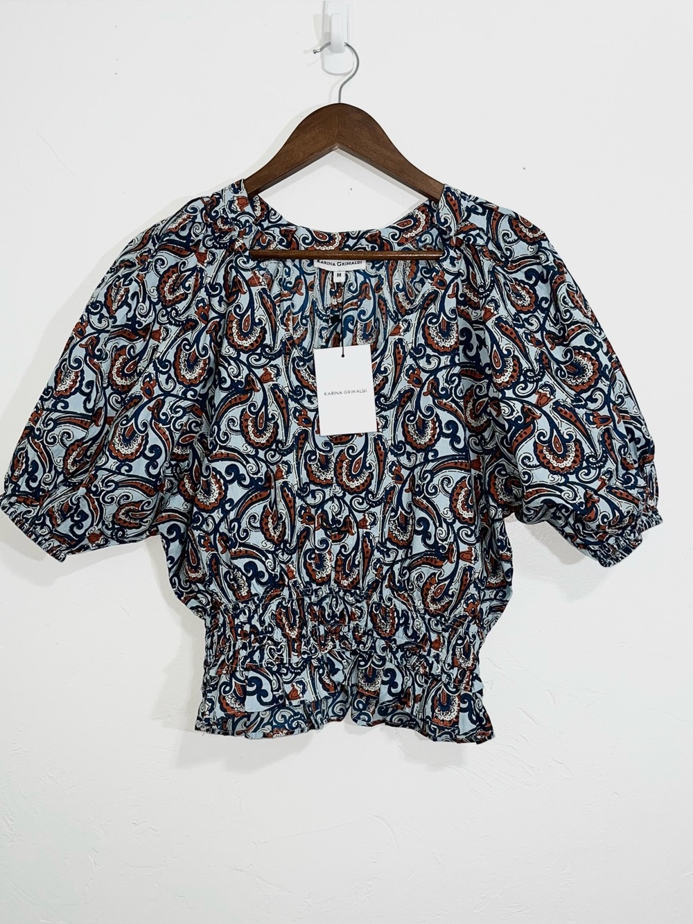 Karina Grimaldi Eliza Boho Paisley Peplum Blouse Puff Sleeve Smocked Waist